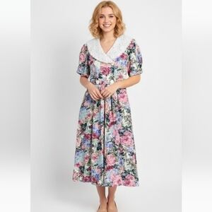 vintage Dorlene floral peony roses dress peter pan lace collar Small T5